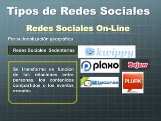 Tipos de Redes Sociales
Redes Sociales Sedentarias
Por su localización geográfica
Se transforma en función
de las relaciones entre
personas, los contenidos
compartidos o los eventos
creados.
Redes Sociales On-Line
 