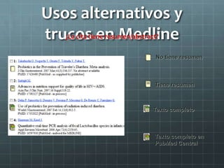 Usos alternativos y
trucos en Medline¿La cita tiene resumen/abstract?
No tiene resumen
Tiene resumen
Texto completo
Texto completo en
PubMed Central
 
