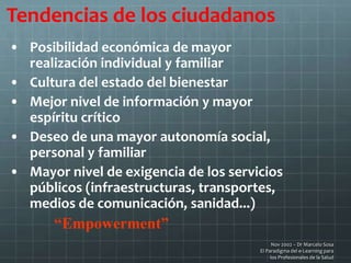 Nov 2002 – Dr Marcelo Sosa
El Paradigma del e-Learning para
los Profesionales de la Salud
Tendencias de los ciudadanos
• Posibilidad económica de mayor
realización individual y familiar
• Cultura del estado del bienestar
• Mejor nivel de información y mayor
espíritu crítico
• Deseo de una mayor autonomía social,
personal y familiar
• Mayor nivel de exigencia de los servicios
públicos (infraestructuras, transportes,
medios de comunicación, sanidad...)
“Empowerment”
 