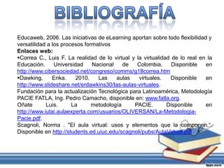 CONCLUSIONESLa metodología PACIE, busca ofrecer al educador virtual una herramienta que le permita facilitar la organización y administración del proceso enseñanza-aprendizaje.La metodología PACIE es una metodología para el uso y aplicación de las herramientas virtuales (aulas virtuales, campus virtuales, web 2.0, metaversos, etc…) en la educación sea en sus modalidades presenciales, semipresenciales o a distanciaEs una metodología que se apoya en la TIC’s en pro de mantener una actualización tecnológica del proceso educativo.Permite a partir de sus aportes el aprovechamiento de recursos humanos, materiales y del tiempo en el quehacer educativo. El aula virtual no debe ser solo un mecanismo para la distribución de la información, sino que debe ser un sistema adonde las actividades involucradas en el proceso de aprendizaje puedan tomar lugar, es decir que deben permitir interactividad, comunicación, aplicación de los conocimientos, evaluación y manejo de la clase