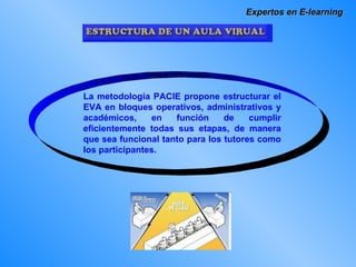 Expertos en E-learning La metodología PACIE propone estructurar el EVA en bloques operativos, administrativos y académicos, en función de cumplir eficientemente todas sus etapas, de manera que sea funcional tanto para los tutores como los participantes. 
