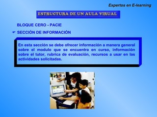 Expertos en E-learning BLOQUE CERO - PACIE    SECCIÓN DE INFORMACIÓN En esta sección se debe ofrecer información a manera general sobre el modulo que se encuentra en curso, información sobre el tutor, rubrica de evaluación, recursos a usar en las actividades solicitadas.  