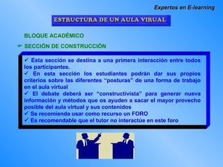 Expertos en E-learning BLOQUE ACADÉMICO    SECCIÓN DE CONSTRUCCIÓN    Esta sección se destina a una primera interacción entre todos los participantes.     En esta sección los estudiantes podrán dar sus propios criterios sobre las diferentes “posturas” de una forma de trabajo en el aula virtual    El debate deberá ser “constructivista” para generar nueva información y métodos que os ayuden a sacar el mayor provecho posible del aula virtual y sus contenidos    Se recomienda usar como recurso un FORO     Es recomendable que el tutor no interactúe en este foro 