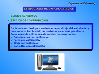 Expertos en E-learning BLOQUE ACADÉMICO    SECCIÓN DE COMPROBACIÓN Es la sección final para evaluar el aprendizaje del estudiante y comprobar si ha obtenido las destrezas esperadas por el tutor Se recomienda utilizar en esta sección recursos como:-     Cuestionarios con calificación    Foros con calificación     Wikis con calificación    Consultas con calificación 