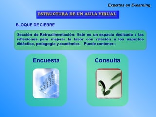 Expertos en E-learning BLOQUE DE CIERRE Sección de Retroalimentación: Este es un espacio dedicado a las reflexiones para mejorar la labor con relación a los aspectos didáctica, pedagogía y académica.  Puede contener:- Encuesta Consulta 
