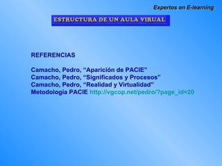 Expertos en E-learning REFERENCIAS  Camacho, Pedro, “Aparición de PACIE”  Camacho, Pedro, “Significados y Procesos” Camacho, Pedro, “Realidad y Virtualidad” Metodología PACIE  http://vgcop.net/pedro/?page_id=20 