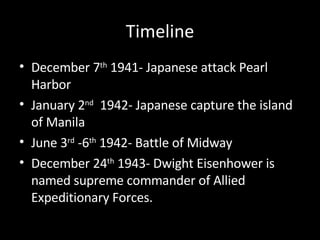 Timeline December 7 th  1941- Japanese attack Pearl Harbor January 2 nd   1942- Japanese capture the island of Manila  June 3 rd  -6 th  1942- Battle of Midway December 24 th  1943- Dwight Eisenhower is named supreme commander of Allied Expeditionary Forces.  