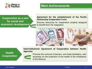 27/07/2013 17
Cooperation as a tool
for social and
economic development
Health
Cooperation
Agreement for the establishment of the Pacific
Partnership Cooperation Fund
Ensures resources for cooperation projects designed
to benefit from the integration.
Interinstitutional Agreement of Cooperation between Health
Agencies
Promote the removal of barriers, and trade facilitation, with
emphasis on the protection of the health of the inhabitants
of the Alliance.
Photo: shutterstock
Main Achievements
 