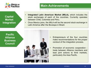 27/07/2013 19
• Integrated Latin American Market (MILA), which includes the
stock exchanges of each of the countries. Currently operates
between Chile, Colombia and Peru.
• Once Mexico joins, the MILA will be the second stock exchange in
Latin America after the Bovespa in Brazil.
Capital
Market
Integration
Pacific
Alliance
Business
Council
• Entrepreneurs of the four countries
make recommendations for the proper
conduct of the integration process.
• Promotion of economic cooperation -
trade between Alliance members and
lead joint actions to third markets,
particularly the Asia Pacific.
Photo: shutterstock
Main Achievements
 