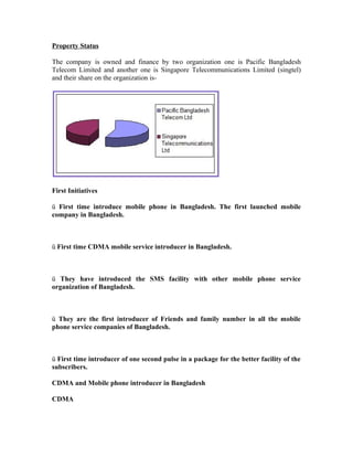 Property Status
The company is owned and finance by two organization one is Pacific Bangladesh
Telecom Limited and another one is Singapore Telecommunications Limited (singtel)
and their share on the organization is-

First Initiatives
ü First time introduce mobile phone in Bangladesh. The first launched mobile
company in Bangladesh.

ü First time CDMA mobile service introducer in Bangladesh.

ü They have introduced the SMS facility with other mobile phone service
organization of Bangladesh.

ü They are the first introducer of Friends and family number in all the mobile
phone service companies of Bangladesh.

ü First time introducer of one second pulse in a package for the better facility of the
subscribers.
CDMA and Mobile phone introducer in Bangladesh
CDMA

 