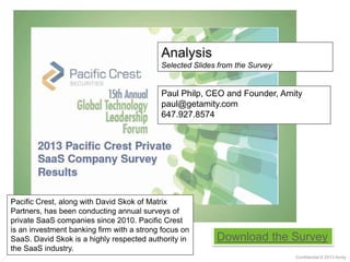 Analysis
Selected Slides from the Survey
Confidential © 2013 Amity
Download the Survey
Pacific Crest, along with David Skok of Matrix
Partners, has been conducting annual surveys of
private SaaS companies since 2010. Pacific Crest
is an investment banking firm with a strong focus on
SaaS. David Skok is a highly respected authority in
the SaaS industry.
Paul Philp, CEO and Founder, Amity
paul@getamity.com
647.927.8574
 