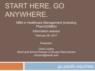 START HERE. GO
ANYWHERE.
go.pacific.edu/mba
MBA in Healthcare Management (including
PharmD/MBA)
Information session
February 28, 2017
Presenter:
Chris Lozano
Eberhardt School Director of Student Recruitment
clozano@pacific.edu
 
