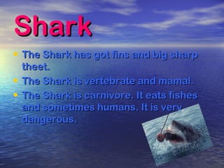 SharkShark
• The Shark has got fins and big sharpThe Shark has got fins and big sharp
theet.theet.
• The Shark is vertebrate and mamal.The Shark is vertebrate and mamal.
• The Shark is carnivore. It eats fishesThe Shark is carnivore. It eats fishes
and sometimes humans. It is veryand sometimes humans. It is very
dangerous.dangerous.
 