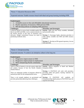 8
8
Goals/targets:
1. Available access to free and affordable educational resources
2. Pacific repository of resources, OER and non-OER
3. HEI develop policies on adopting OER practices.
Challenges Priorities and Strategies
Using the internet to access freely available quality ER
that is non OER and OER, is not a common practice in
the Pacific because of the lack of awareness and
advocacy. Budget commitment focuses too much in
purchasing textbooks alone.
Priority: Make ER more freely available, affordable
and accessible online.
Strategy 1: Encourage higher education providers to
make openly available non OER and OER resource
materials.
Strategy 2: Develop an ER regional repository, for non
OER and OER.
Goals/targets:
1. Progressive improvement in SME
2. Progressive improvement in employment
3. More enterprising Pacific community.
Challenges Priorities and Strategies
There is a lack of initiative to be job creators rather than
job seekers, because of how the Pacific Islanders
mindset behaves.
There are inadequate number of programs offered by
national providers for the entrepreneurial sector.
There is not enough emphasis on government and
provider partnership addressing these challenges.
Priority: Deliver programs in Small and Medium
Enterprise (SME).
Strategy 1: PACFOLD will work with providers,
providing OER and generic learning materials for
program delivery.
Strategy 2: PACFOLD will establish an
Entrepreneurship digital group on PACFOLD learn for
regional networking.
Theme 5: Education Resources (ER)
Expected outcome: Enable resource based individual and group learning including OER.
Theme 6: Entrepreneurship
Expected outcome: To achieve an enterprise culture in the long run.
 