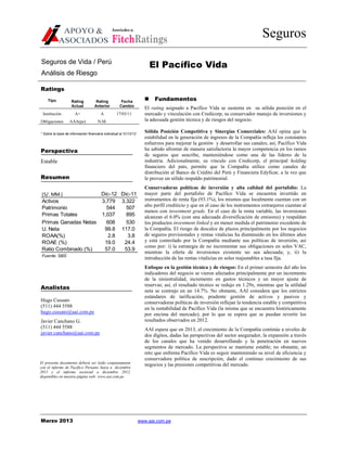Seguros
Marzo 2013 www.aai.com.pe
Asociados a:
FitchRatings
Seguros de Vida / Perú
Análisis de Riesgo
El Pacífico Vida
Ratings
Tipo Rating
Actual
Rating
Anterior
Fecha
Cambio
Institución A+ A 17/03/11
Obligaciones AAA(pe) N.M.
* Sobre la base de información financiera individual al 31/12/12
Perspectiva
Estable
Resumen
(S/. MM.) Dic-12 Dic-11
Activos 3,779 3,322
Patrimonio 544 507
Primas Totales 1,037 895
Primas Ganadas Netas 608 530
U. Neta 99.8 117.0
ROAA(%) 2.8 3.8
ROAE (%) 19.0 24.4
Ratio Combinado (%) 57.0 53.9
Fuente: SBS
Analistas
Hugo Cussato
(511) 444 5588
hugo.cussato@aai.com.pe
Javier Canchano G.
(511) 444 5588
javier.canchano@aai.com.pe
Fundamentos
El rating asignado a Pacífico Vida se sustenta en su sólida posición en el
mercado y vinculación con Credicorp, su conservador manejo de inversiones y
la adecuada gestión técnica y de riesgos del negocio.
Sólida Posición Competitiva y Sinergias Comerciales: AAI opina que la
estabilidad en la generación de ingresos de la Compañía refleja los constantes
esfuerzos para mejorar la gestión y desarrollar sus canales; así, Pacífico Vida
ha sabido afrontar de manera satisfactoria la mayor competencia en los ramos
de seguros que suscribe, manteniéndose como una de las líderes de la
industria. Adicionalmente, su vínculo con Credicorp, el principal holding
financiero del país, permite que la Compañía utilice como canales de
distribución al Banco de Crédito del Perú y Financiera Edyficar, a la vez que
le provee un sólido respaldo patrimonial.
Conservadoras políticas de inversión y alta calidad del portafolio: La
mayor parte del portafolio de Pacífico Vida se encuentra invertido en
instrumentos de renta fija (93.1%), los mismos que localmente cuentan con un
alto perfil crediticio y que en el caso de los instrumentos extranjeros cuentan al
menos con investment grade. En el caso de la renta variable, las inversiones
alcanzan el 6.0% (con una adecuada diversificación de emisores) y respaldan
los productos investment linked y en menor medida el patrimonio excedente de
la Compañía. El riesgo de descalce de plazos principalmente por los negocios
de seguros previsionales y rentas vitalicias ha disminuido en los últimos años
y está controlado por la Compañía mediante sus políticas de inversión, así
como por: i) la estrategia de no incrementar sus obligaciones en soles VAC,
mientras la oferta de inversiones existente no sea adecuada; y, ii) la
introducción de las rentas vitalicias en soles reajustables a tasa fija.
Enfoque en la gestión técnica y de riesgos: En el primer semestre del año los
indicadores del negocio se vieron afectados principalmente por un incremento
de la siniestralidad, incremento en gastos técnicos y un mayor ajuste de
reservas; así, el resultado técnico se redujo en 1.29x, mientras que la utilidad
neta se contrajo en un 14.7%. No obstante, AAI considera que los estrictos
estándares de tarificación, prudente gestión de activos y pasivos y
conservadoras políticas de inversión reflejan la tendencia estable y competitiva
en la rentabilidad de Pacífico Vida (la misma que se encuentra históricamente
por encima del mercado); por lo que se espera que se puedan revertir los
resultados observados en 2012.
AAI espera que en 2013, el crecimiento de la Compañía continúe a niveles de
dos dígitos, dadas las perspectivas del sector asegurador, la expansión a través
de los canales que ha venido desarrollando y la penetración en nuevos
segmentos de mercado. La perspectiva se mantiene estable; no obstante, un
reto que enfrenta Pacífico Vida es seguir manteniendo su nivel de eficiencia y
conservadora política de suscripción, dado el continuo crecimiento de sus
negocios y las presiones competitivas del mercado.El presente documento deberá ser leído conjuntamente
con el informe de Pacífico Peruano Suiza a diciembre
2011 y el informe sectorial a diciembre 2012,
disponibles en nuestra página web: www.aai.com.pe
 