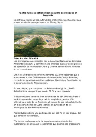 Pacific Rubiales obtiene licencias para dos bloques en
Colombia
La petrolera recibió de las autoridades ambientales dos licencias para
operar sendos bloques petroleros en Meta y Sucre.

Foto: Archivo SEMANA
Las licencias fueron expedidas por la Autoridad Nacional de Licencias
Ambientales (ANLA) y permitirán a la empresa avanzar en su proceso
de operación de los bloques CPE-6 y Guama, señaló Pacific Rubiales
en un comunicado.
CPE-6 es un bloque de aproximadamente 593.000 hectáreas que s
e encuentra a unos 70 kilómetros al suroeste de Campo Rubiales,
cerca de las localidades de Puerto Gaitán, Mapiripán y San Martín, en
el departamento del Meta (centro).
En ese bloque, que comparte con Talisman Energy Inc., Pacific
Rubiales tiene una participación del 50 % y es el operador.
El bloque Guama tiene un área aproximada de 184.000 hectáreas y
está situado en la cuenca baja del río Magdalena, a unos 100
kilómetros al este de La Creciente, el campo de gas natural de Pacific
en el departamento de Sucre (norte), en jurisdicción de los
municipios de San Pedro y Palmitos.
Pacific Rubiales tiene una participación del 100 % en ese bloque, del
que también es operador.
"Ya hemos hecho una serie de importantes descubrimientos
exploratorios en el bloque y esperamos que Guama nos proporcione

 