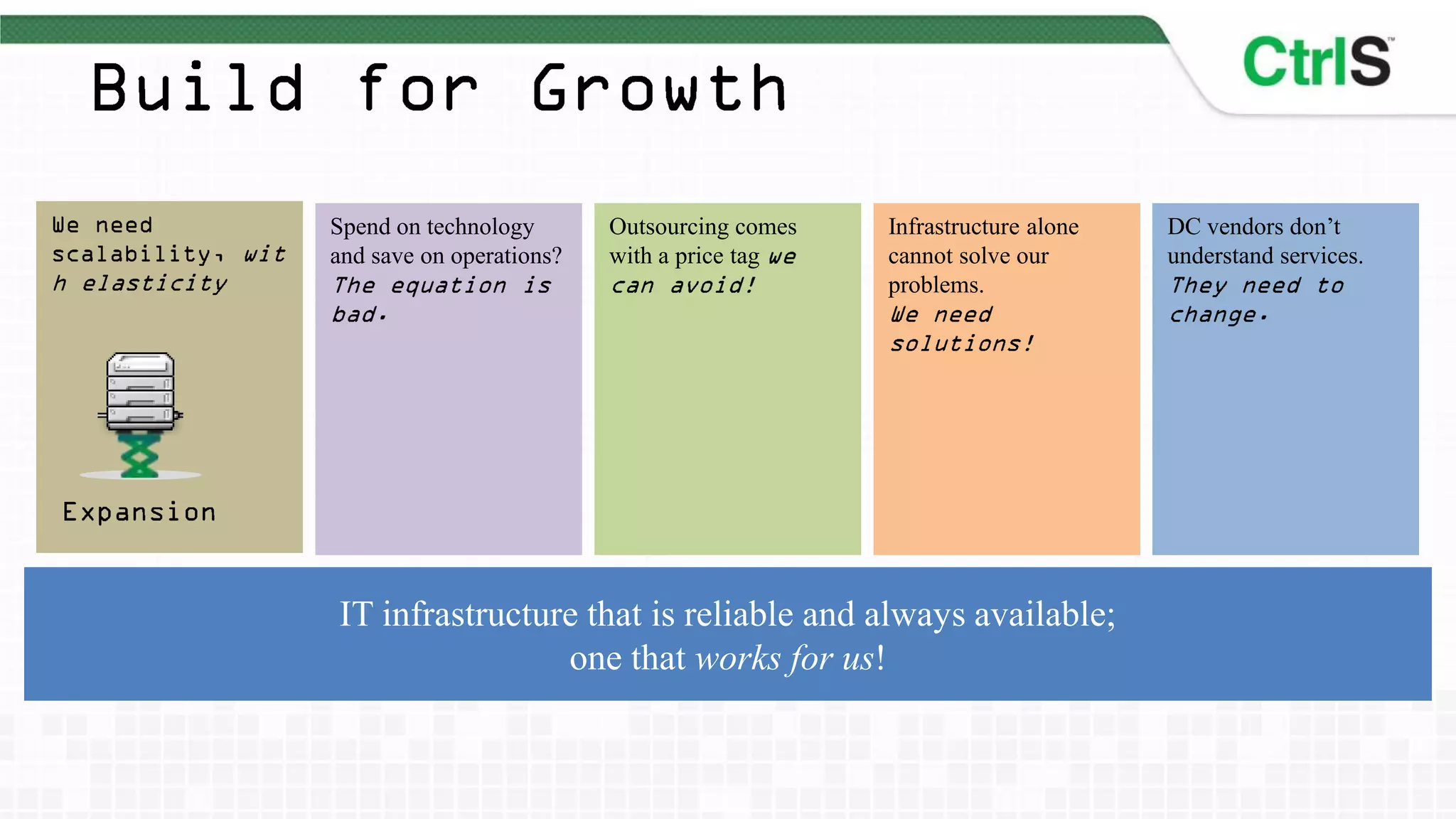 Spend on technology       Outsourcing comes   Infrastructure alone   DC vendors don’t
and save on operations?   with a price tag    cannot solve our       understand services.
                                              problems.




IT infrastructure that is reliable and always available;
                one that works for us!
 