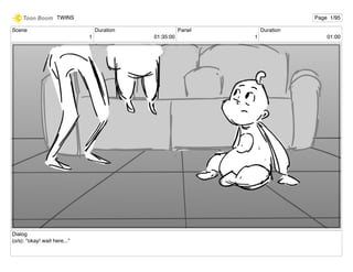 Scene
1
Duration
01:35:00
Panel
1
Duration
01:00
Dialog
(o/s): "okay! wait here..."
TWINS Page 1/95
 