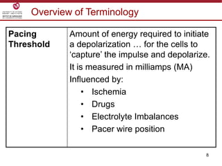 8
Overview of Terminology
Pacing
Threshold
Amount of energy required to initiate
a depolarization … for the cells to
„capture‟ the impulse and depolarize.
It is measured in milliamps (MA)
Influenced by:
• Ischemia
• Drugs
• Electrolyte Imbalances
• Pacer wire position
 