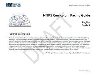 NNPS Curriculum Pacing Guide – English 6
Revised on: 9/5/2013
NNPS Curriculum Pacing Guide
English
Grade 6
Course Description
The sixth-grade student will be an active participant in classroom discussions. The student will present personal opinions, understand differing
viewpoints, distinguish between fact and opinion, and analyze the effectiveness of group communication. The student will continue in the
study of the elements of media literacy as introduced in earlier grades. The student will begin the study of word origins and continue vocabulary
development. The student will read independently a variety of fiction and nonfiction texts, including a significant number of classic works, for
appreciation and comprehension. The student will also plan, draft, revise, and edit narratives, descriptions, and explanations, with attention to
composition and style as well as sentence formation, usage, and mechanics. The student will also demonstrate correct use of language,
spelling, and mechanics by applying grammatical conventions in writing and speaking. In addition, technology will be used as a tool to research,
organize, and communicate information. As in earlier grades, the meaning and consequences of plagiarism will be stressed.
VDOE English Standards of Learning for Virginia Public Schools—January 2010
 