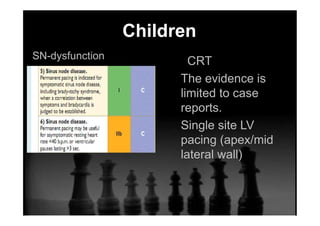 Children
SN-dysfunction
CRT
The evidence is
limited to case
reports.
Single site LV
pacing (apex/mid
lateral wall)
 