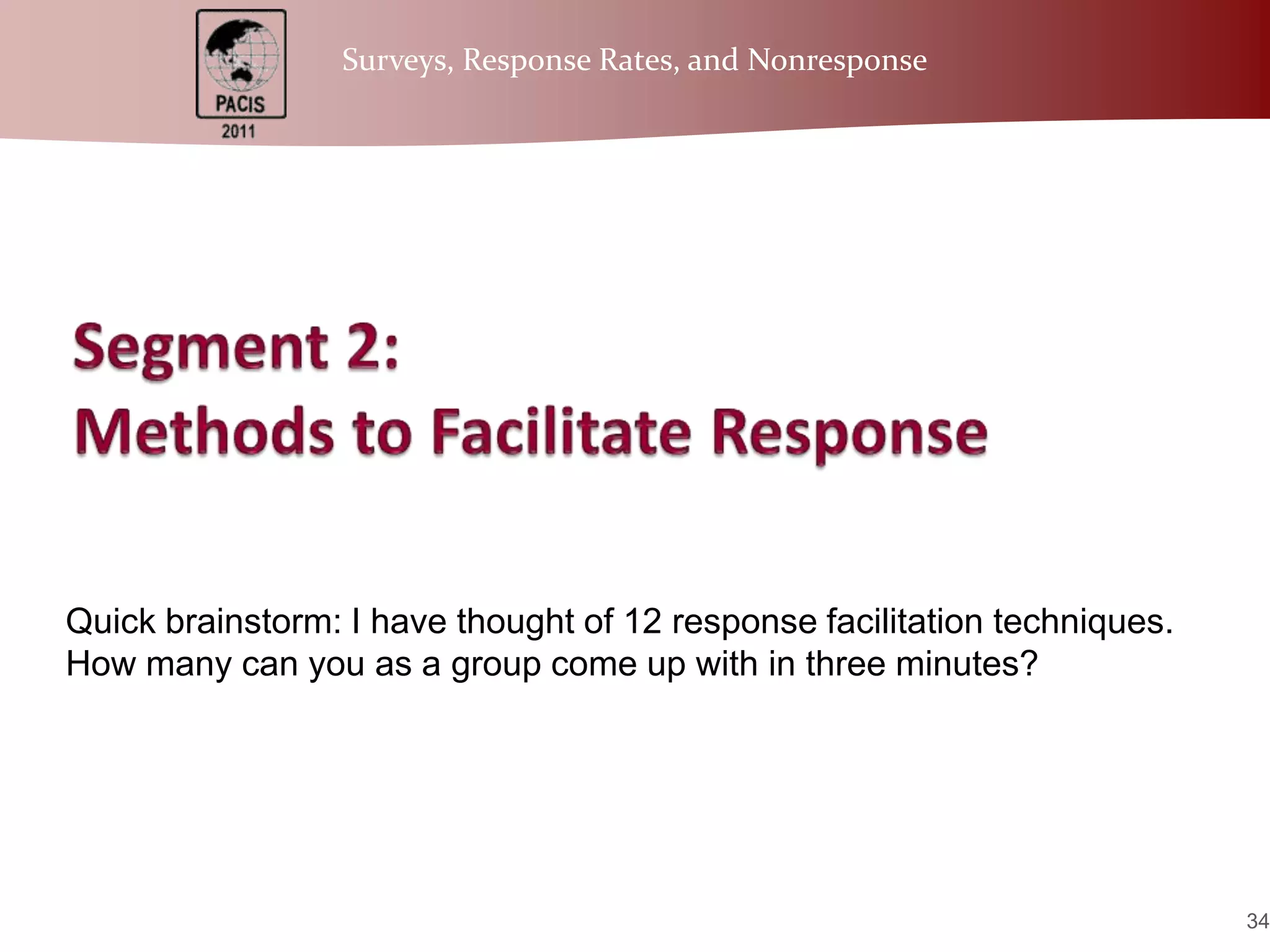 Segment 2:Methods to Facilitate ResponseQuick brainstorm: I have thought of 12 response facilitation techniques. How many can you as a group come up with in three minutes?34