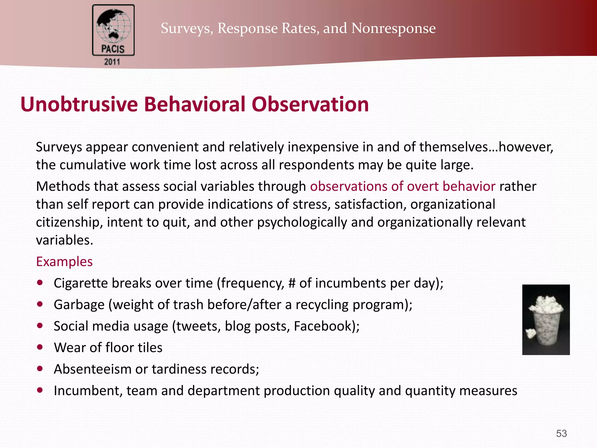 From Don Dillman’sTailored Design Method: Key Form/Interface Design Goals – Non-subordinating language, No embarrassment, No drudgery, Readability, SimplicityDrudgery – Questions that require data lookup, calculation, interpolation, recall of specific events from distant past; response process should give a sense of forward momentum and achievementReadability – Grade level should match respondent population reading capabilitySimplicity – Layout should draw the eye directly to the items and response fields; response method should fit respondents’ experience and expectations Discuss: Any particularly frustrating surveys?  Particularly easy/streamlined ones? 46Forms/Interface Design