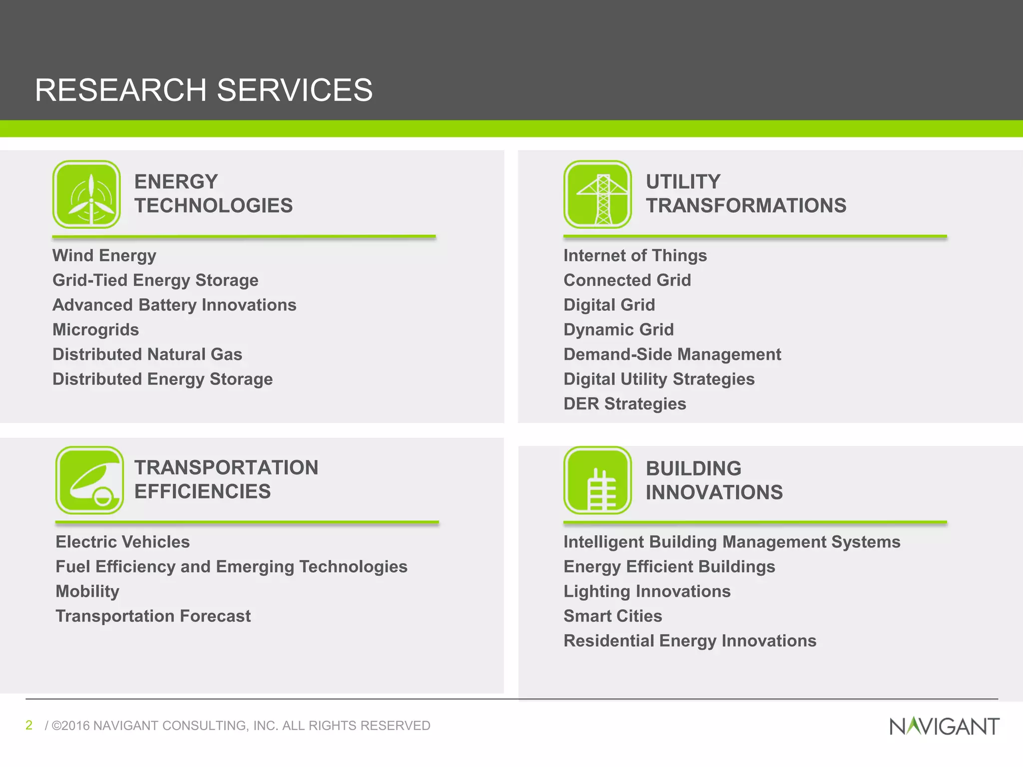 / ©2016 NAVIGANT CONSULTING, INC. ALL RIGHTS RESERVED2 / ©2016 NAVIGANT CONSULTING, INC. ALL RIGHTS RESERVED2
BUILDING
INNOVATIONS
Intelligent Building Management Systems
Energy Efficient Buildings
Lighting Innovations
Smart Cities
Residential Energy Innovations
RESEARCH SERVICES
TRANSPORTATION
EFFICIENCIES
UTILITY
TRANSFORMATIONS
ENERGY
TECHNOLOGIES
Wind Energy
Grid-Tied Energy Storage
Advanced Battery Innovations
Microgrids
Distributed Natural Gas
Distributed Energy Storage
Electric Vehicles
Fuel Efficiency and Emerging Technologies
Mobility
Transportation Forecast
Internet of Things
Connected Grid
Digital Grid
Dynamic Grid
Demand-Side Management
Digital Utility Strategies
DER Strategies
 
