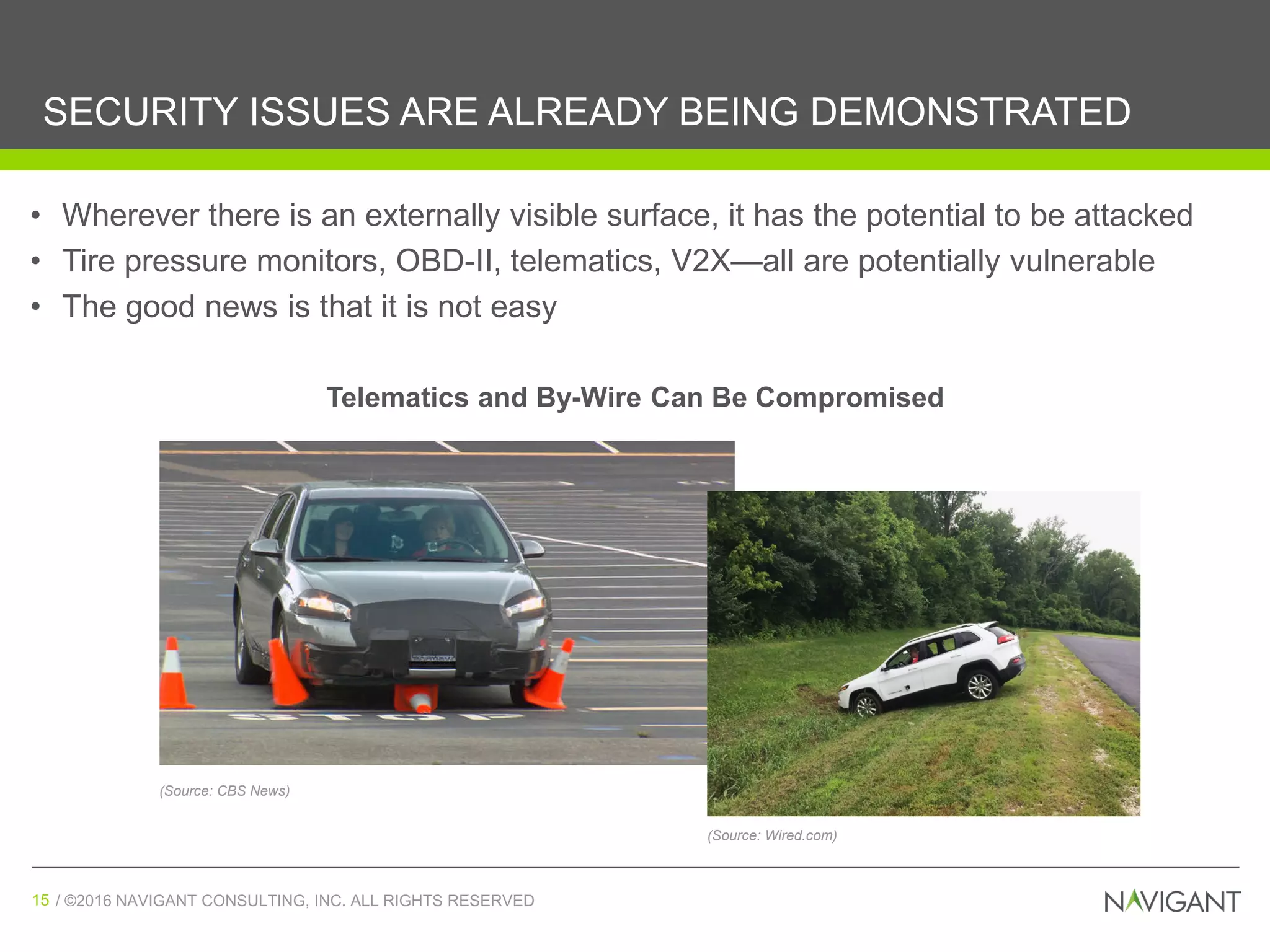 / ©2016 NAVIGANT CONSULTING, INC. ALL RIGHTS RESERVED15 / ©2016 NAVIGANT CONSULTING, INC. ALL RIGHTS RESERVED15
SECURITY ISSUES ARE ALREADY BEING DEMONSTRATED
• Wherever there is an externally visible surface, it has the potential to be attacked
• Tire pressure monitors, OBD-II, telematics, V2X—all are potentially vulnerable
• The good news is that it is not easy
Telematics and By-Wire Can Be Compromised
(Source: CBS News)
(Source: Wired.com)
 