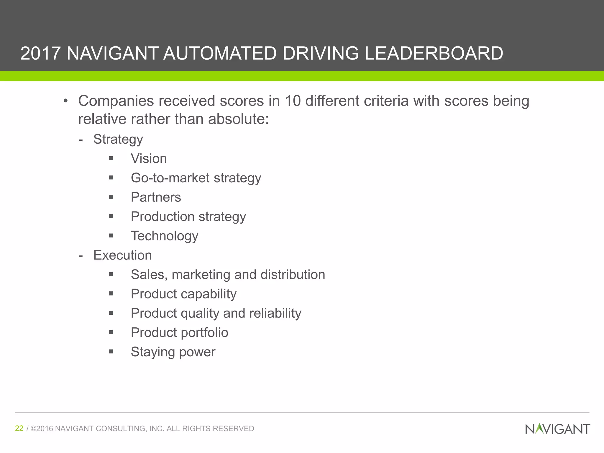 / ©2016 NAVIGANT CONSULTING, INC. ALL RIGHTS RESERVED22 / ©2016 NAVIGANT CONSULTING, INC. ALL RIGHTS RESERVED22
2017 NAVIGANT AUTOMATED DRIVING LEADERBOARD
• Companies received scores in 10 different criteria with scores being
relative rather than absolute:
- Strategy
 Vision
 Go-to-market strategy
 Partners
 Production strategy
 Technology
- Execution
 Sales, marketing and distribution
 Product capability
 Product quality and reliability
 Product portfolio
 Staying power
 