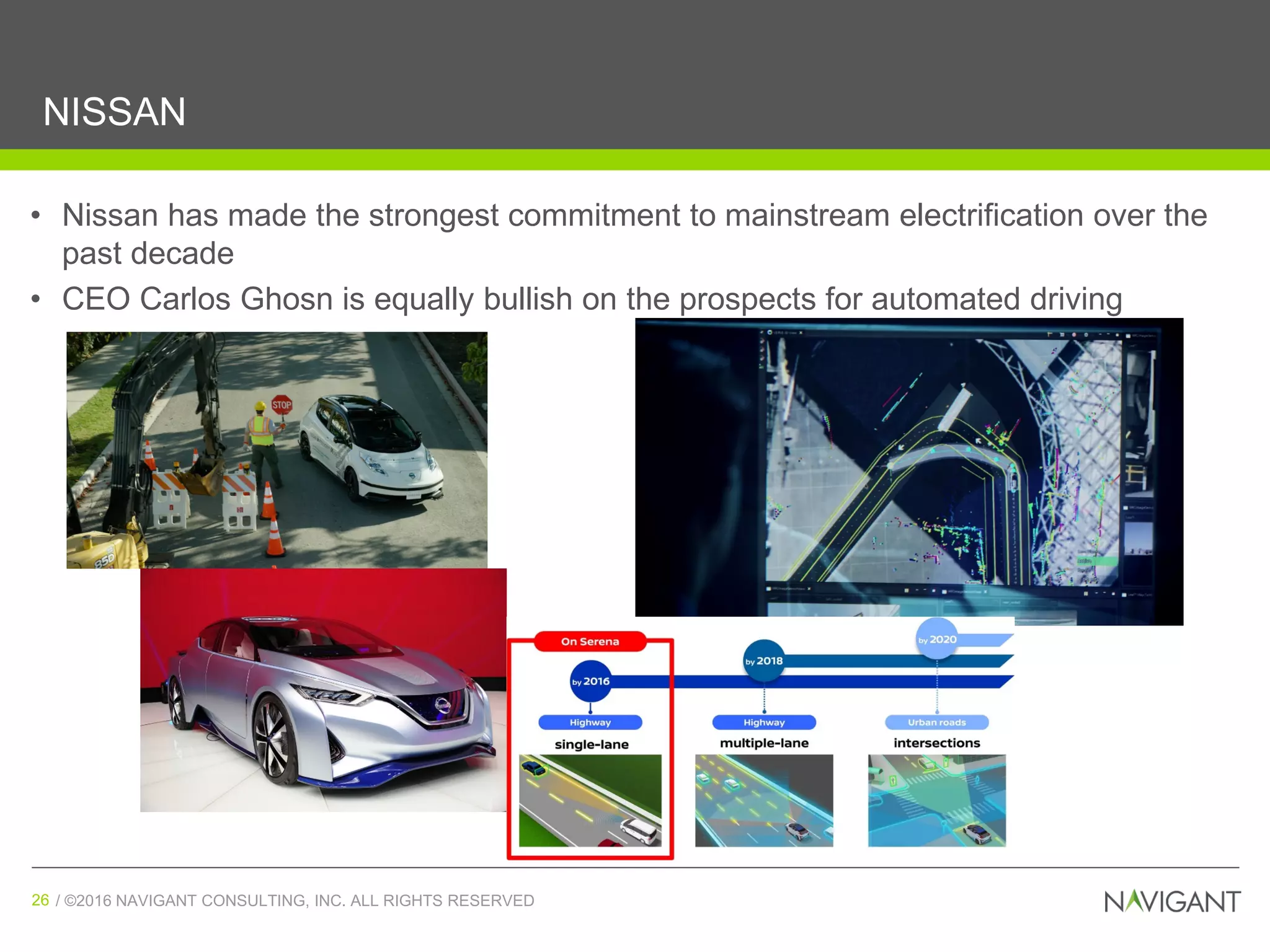 / ©2016 NAVIGANT CONSULTING, INC. ALL RIGHTS RESERVED26 / ©2016 NAVIGANT CONSULTING, INC. ALL RIGHTS RESERVED26
NISSAN
• Nissan has made the strongest commitment to mainstream electrification over the
past decade
• CEO Carlos Ghosn is equally bullish on the prospects for automated driving
 