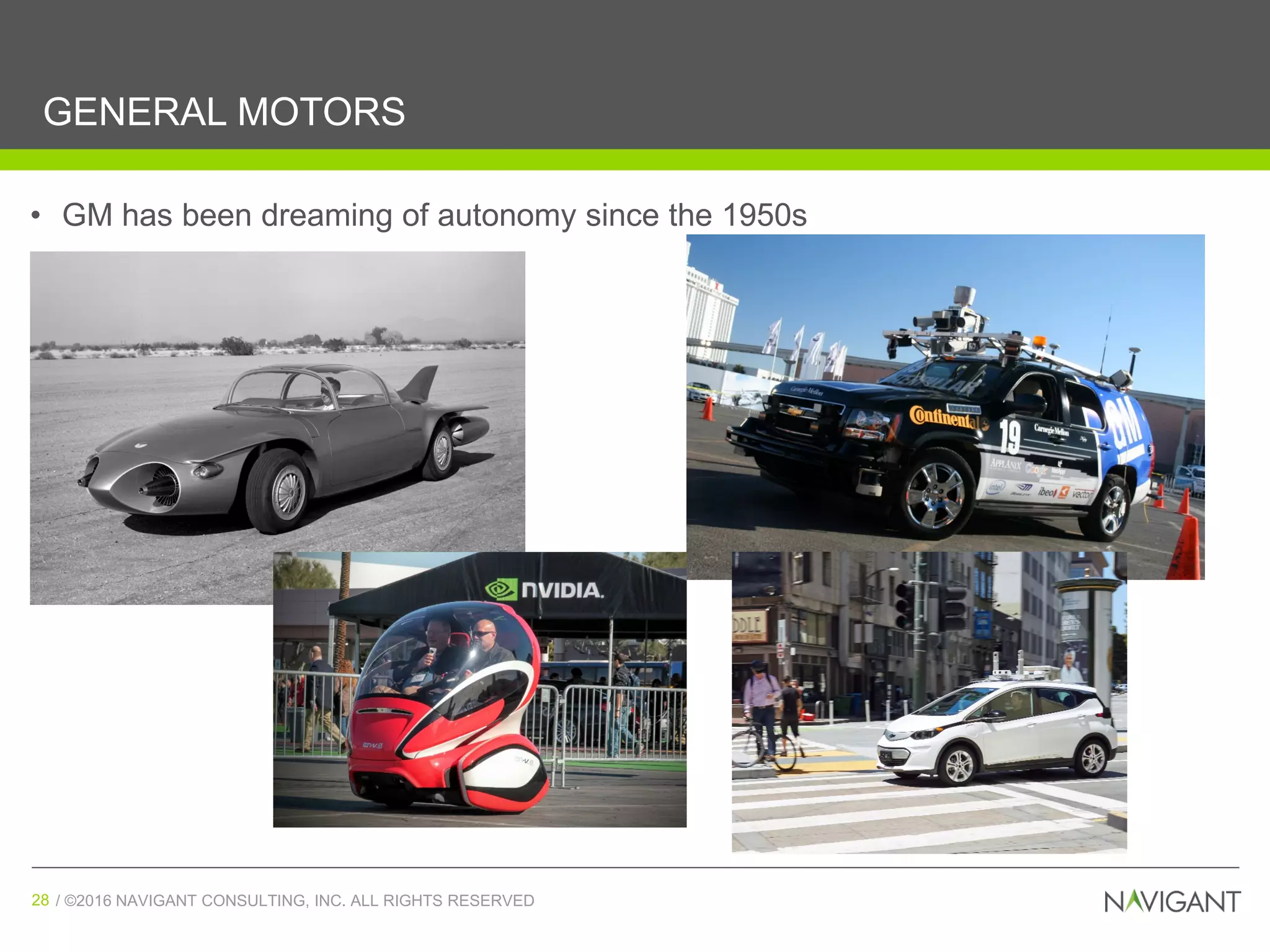 / ©2016 NAVIGANT CONSULTING, INC. ALL RIGHTS RESERVED28 / ©2016 NAVIGANT CONSULTING, INC. ALL RIGHTS RESERVED28
GENERAL MOTORS
• GM has been dreaming of autonomy since the 1950s
 