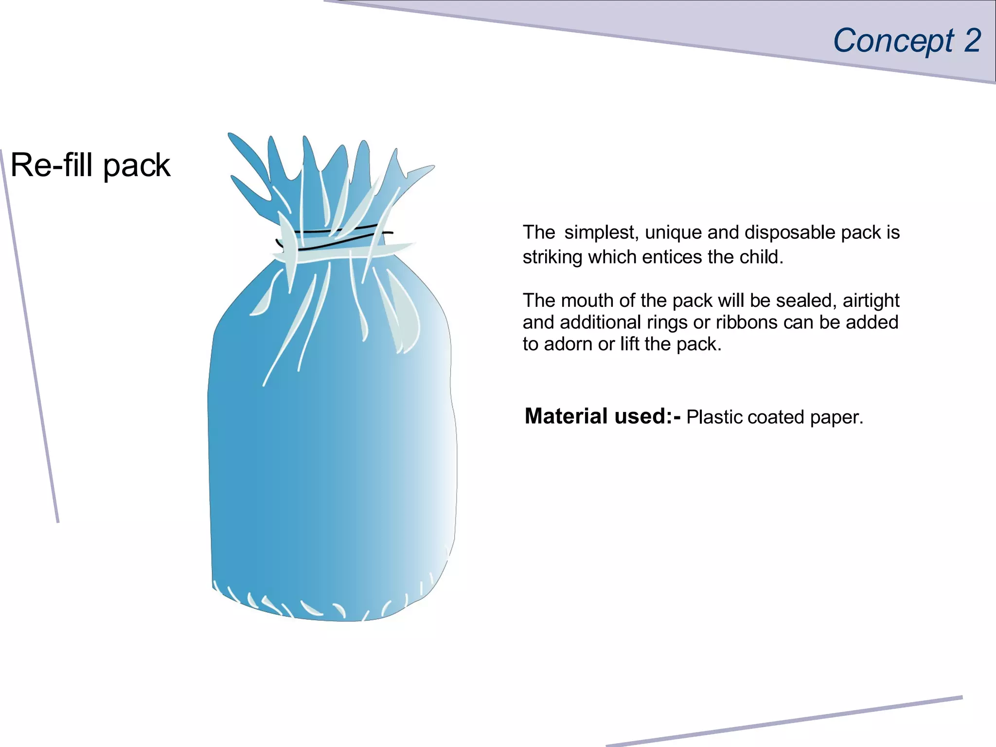 Concept 2 Re-fill pack The   simplest, unique and disposable pack is striking which entices the child. The mouth of the pack will be sealed, airtight and additional rings or ribbons can be added to adorn or lift the pack.  Material used:-  Plastic coated paper. 