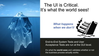 12
The UI is Critical.!
It’s what the world sees!
What happens
when we don’t!
End-to-End System Tests and User
Acceptance Tests are run at the GUI level.
It’s what the world sees and validates whether or not
the business process actually works.
 