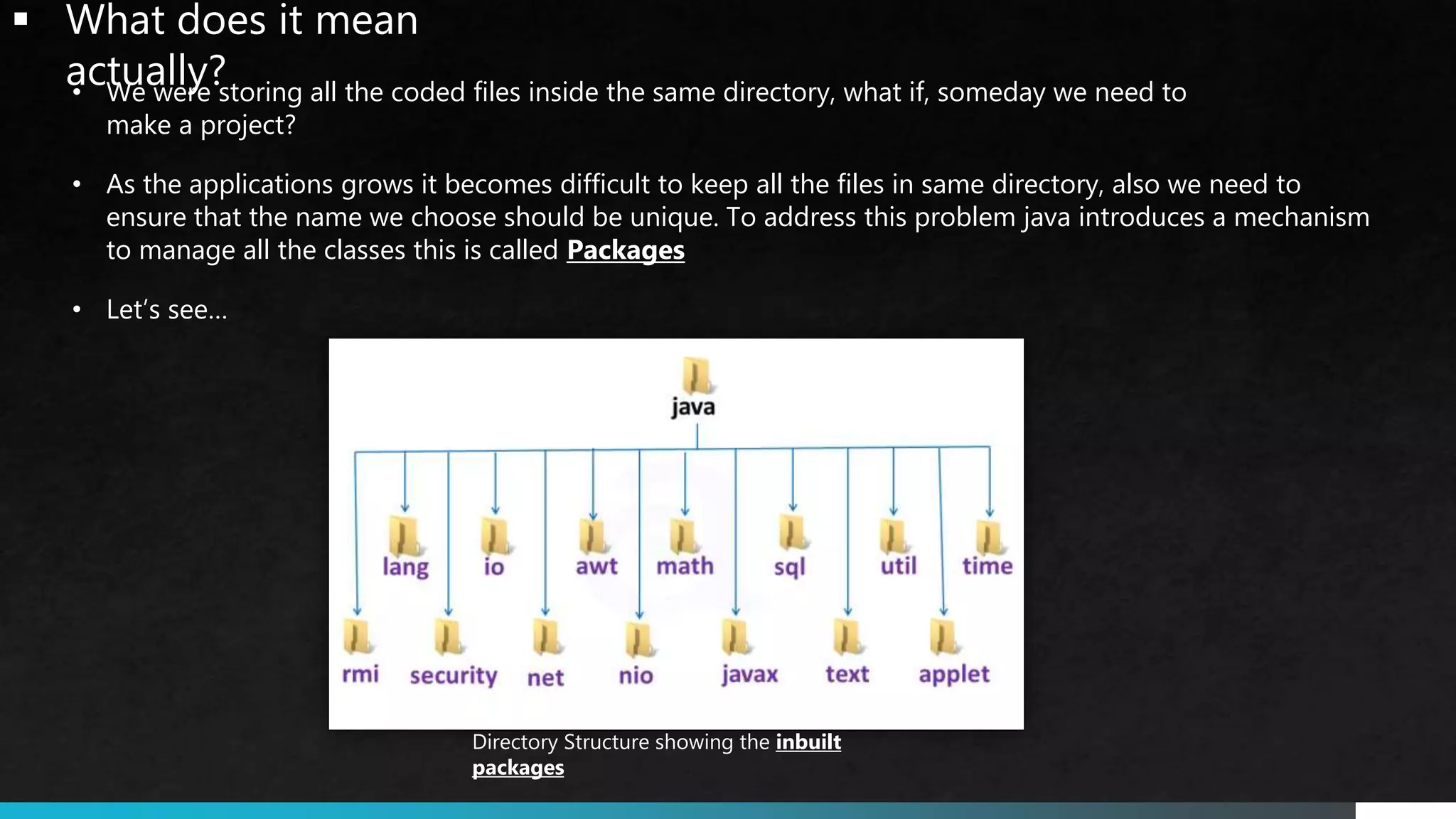 • We were storing all the coded files inside the same directory, what if, someday we need to
make a project?
• As the applications grows it becomes difficult to keep all the files in same directory, also we need to
ensure that the name we choose should be unique. To address this problem java introduces a mechanism
to manage all the classes this is called Packages
 What does it mean
actually?
• Let’s see…
Directory Structure showing the inbuilt
packages
 