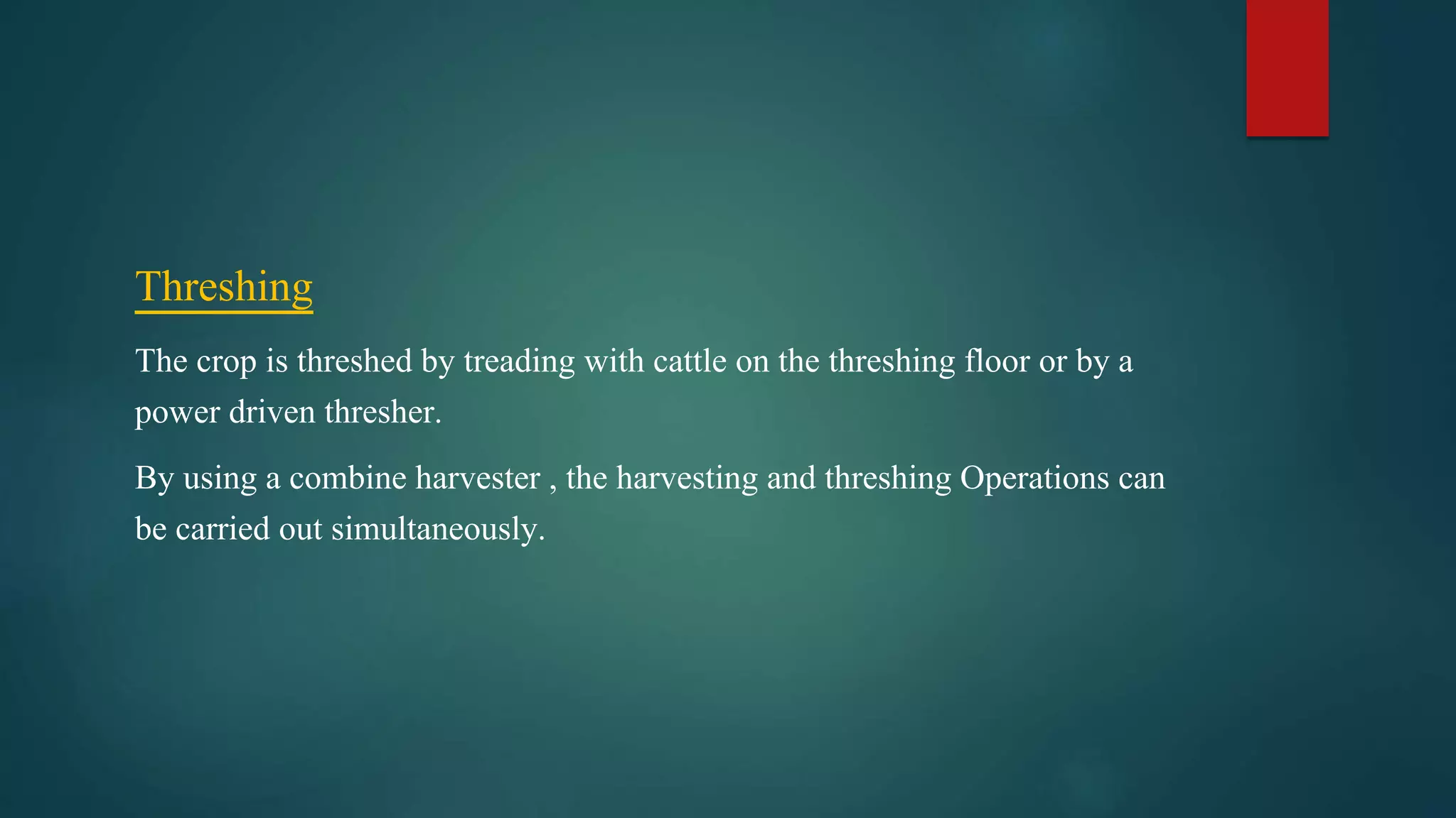 Threshing
The crop is threshed by treading with cattle on the threshing floor or by a
power driven thresher.
By using a combine harvester , the harvesting and threshing Operations can
be carried out simultaneously.
 
