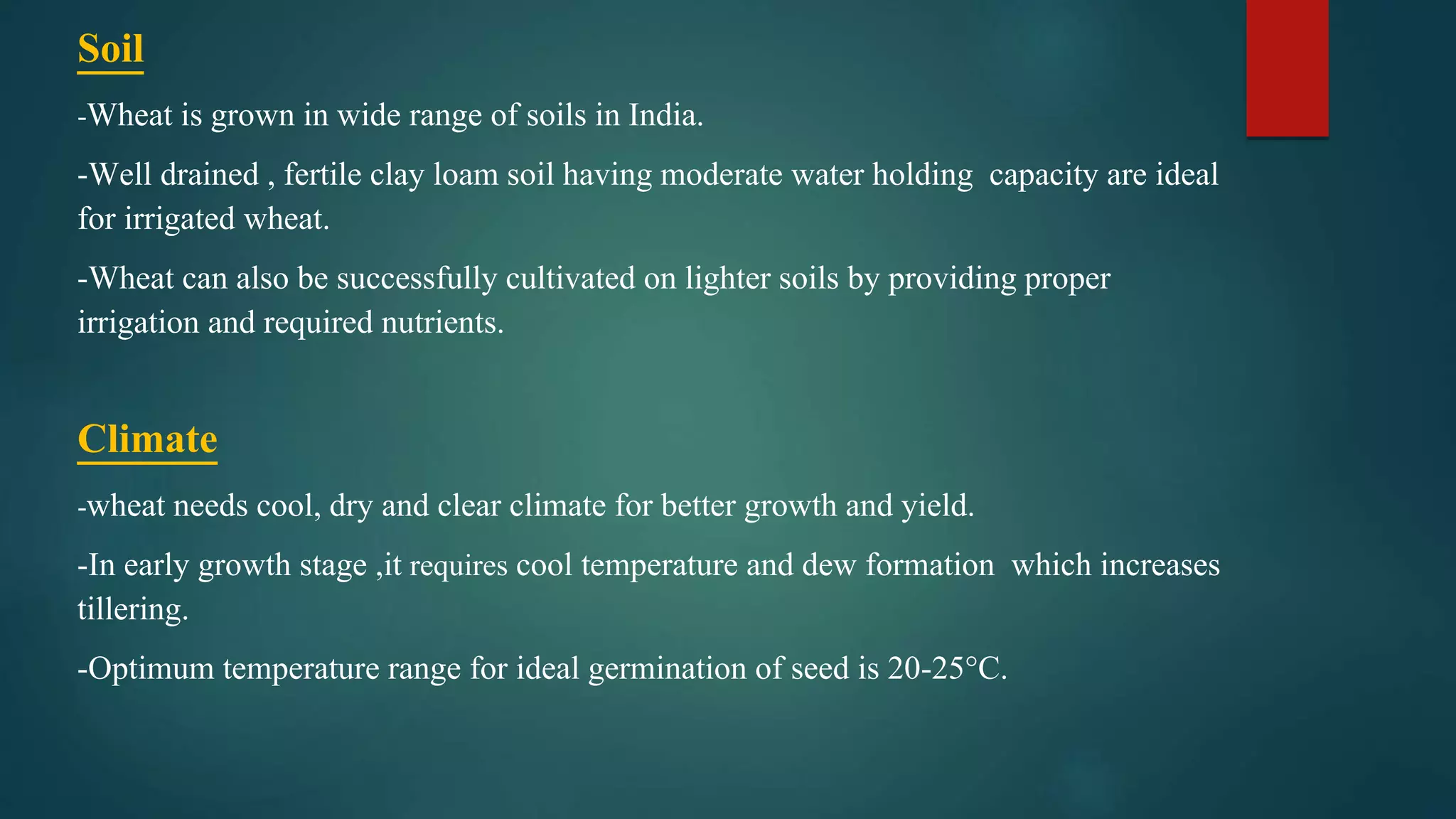 Soil
-Wheat is grown in wide range of soils in India.
-Well drained , fertile clay loam soil having moderate water holding capacity are ideal
for irrigated wheat.
-Wheat can also be successfully cultivated on lighter soils by providing proper
irrigation and required nutrients.
Climate
-wheat needs cool, dry and clear climate for better growth and yield.
-In early growth stage ,it requires cool temperature and dew formation which increases
tillering.
-Optimum temperature range for ideal germination of seed is 20-25°C.
 