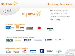 2000 Création d’Aspaway  + 540 Clients en production + 60 Partenaires éditeurs Saas 9 M€ CA (2010) Partenaires Technologiques  Quelques uns de nos partenaires éditeurs  Quelques unes de nos références  Aspaway : la société 