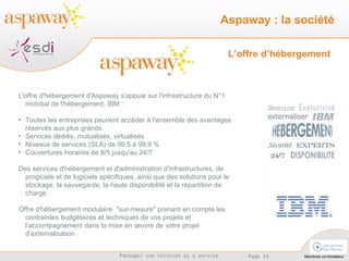 L’offre d’hébergement L'offre d'hébergement d'Aspaway s'appuie sur l'infrastructure du N°1 mondial de l'hébergement, IBM : Toutes les entreprises peuvent accéder à l'ensemble des avantages réservés aux plus grands. Services dédiés, mutualisés, virtualisés Niveaux de services (SLA) de 99,5 à 99,9 % Couvertures horaires de 8/5 jusqu'au 24/7 Des services d'hébergement et d'administration d'infrastructures, de progiciels et de logiciels spécifiques, ainsi que des solutions pour le stockage, la sauvegarde, la haute disponibilité et la répartition de charge.  Offre d'hébergement modulaire  "sur-mesure" prenant en compte les contraintes budgétaires et techniques de vos projets et l’accompagnement dans la mise en œuvre de votre projet d’externalisation. Aspaway : la société 