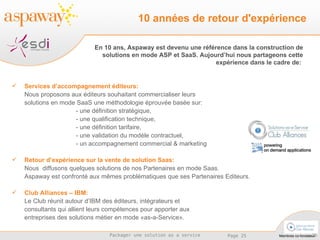 Services d’accompagnement éditeurs: Nous proposons aux éditeurs souhaitant commercialiser leurs  solutions en mode SaaS une méthodologie éprouvée basée sur:   - une définition stratégique,  - une qualification technique,  - une définition tarifaire, - une validation du modèle contractuel, - un accompagnement commercial & marketing Retour d’expérience sur la vente de solution Saas: Nous  diffusons quelques solutions de nos Partenaires en mode Saas. Aspaway est confronté aux mêmes problématiques que ses Partenaires Editeurs. Club Alliances – IBM: Le Club réunit autour d’IBM des éditeurs, intégrateurs et  consultants qui allient leurs compétences pour apporter aux  entreprises des solutions métier en mode «as-a-Service». En 10 ans, Aspaway est devenu une référence dans la construction de solutions en mode ASP et SaaS. Aujourd’hui nous partageons cette expérience dans le cadre de:  10 années de retour d'expérience 