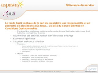Le mode SaaS implique de la part du prestataire une responsabilité et un périmètre de prestations plus large… au-delà du simple Maintien en Conditions Opérationnelles Par rapport à un projet menée en interne par l’entreprise, le mode SaaS met en relation quasi direct l’utilisateur avec l’opérateur du service Gouvernance des services, relation avec la Maîtrise d’ouvrage Exploitation applicative Support et assistance utilisateur Périmètre : Accès opérationnel au service (poste de travail, impression, liaison Internet, réseau local, …) Gestion des accès et des droits associés Interaction application et plateforme technique Applications Moyens : Self service : portail Web (aide au diagnostic, procédures, …) Helpdesk N0 : prise en charge des appels Helpdesk N1 : résolution des cas les plus fréquents Helpdesk N2 : spécialistes de l’éditeur / intégrateur Délivrance du service 
