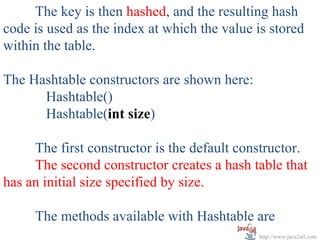 The key is then hashed, and the resulting hash
code is used as the index at which the value is stored
within the table.

The Hashtable constructors are shown here:
      Hashtable()
      Hashtable(int size)

     The first constructor is the default constructor.
     The second constructor creates a hash table that
has an initial size specified by size.

     The methods available with Hashtable are
                                             http://www.java2all.com
 