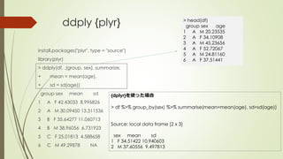 ddply {plyr}
install.packages("plyr", type = "source")
library(plyr)
> ddply(df, .(group, sex), summarize,
+ mean = mean(age),
+ sd = sd(age))
group sex mean sd
1 A F 42.43033 8.996826
2 A M 30.09450 13.311536
3 B F 35.64277 11.060713
4 B M 38.96056 6.731923
5 C F 25.01813 4.588658
6 C M 49.29878 NA
> head(df)
group sex age
1 A M 20.23535
2 A F 34.10908
3 A M 45.23656
4 A F 52.72067
5 A M 24.81160
6 A F 37.51441
{dplyr}を使った場合
> df %>% group_by(sex) %>% summarise(mean=mean(age), sd=sd(age))
Source: local data frame [2 x 3]
sex mean sd
1 F 34.51422 10.940603
2 M 37.60556 9.497813
 