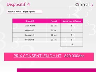 Dispositif 4
Pack 4 : 5 Primes - 4 spots / prime




                      Dispositif      Format   Nombre de diffusion

                     Ecran Avant      30 sec           5

                      Coupure 2       30 sec           5

                      Coupure 4       30 sec           5

                      Coupure 6       30 sec           5

                                                       20




       PRIX CONSENTI EN DH HT: 820 000dhs
 