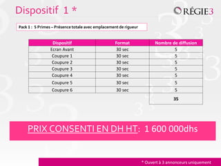 Dispositif 1 *
Pack 1 : 5 Primes – Présence totale avec emplacement de rigueur


                 Dispositif                       Format                Nombre de diffusion
                Ecran Avant                       30 sec                        5
                 Coupure 1                        30 sec                        5
                 Coupure 2                        30 sec                        5
                 Coupure 3                        30 sec                        5
                 Coupure 4                        30 sec                        5
                 Coupure 5                        30 sec                        5
                 Coupure 6                        30 sec                        5
                                                                                 35




    PRIX CONSENTI EN DH HT: 1 600 000dhs


                                                                  * Ouvert à 3 annonceurs uniquement
 