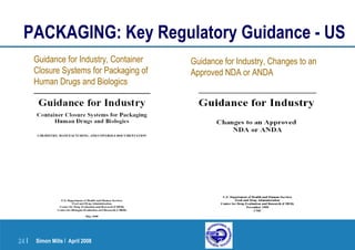 Simon Mills | April 200824 |
PACKAGING: Key Regulatory Guidance - US
Guidance for Industry, Container
Closure Systems for Packaging of
Human Drugs and Biologics
Guidance for Industry, Changes to an
Approved NDA or ANDA
 