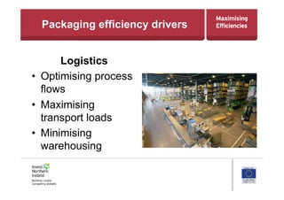 Packaging efficiency drivers
Logistics
•  Optimising process
flows
•  Maximising
transport loads
•  Minimising
warehousing
 