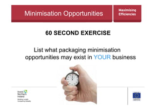 Minimisation Opportunities
60 SECOND EXERCISE
List what packaging minimisation
opportunities may exist in YOUR business
 