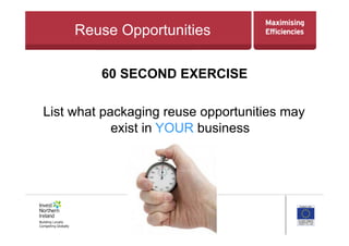 Reuse Opportunities
60 SECOND EXERCISE
List what packaging reuse opportunities may
exist in YOUR business
 