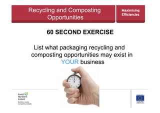 Recycling and Composting
Opportunities
60 SECOND EXERCISE
List what packaging recycling and
composting opportunities may exist in
YOUR business
 